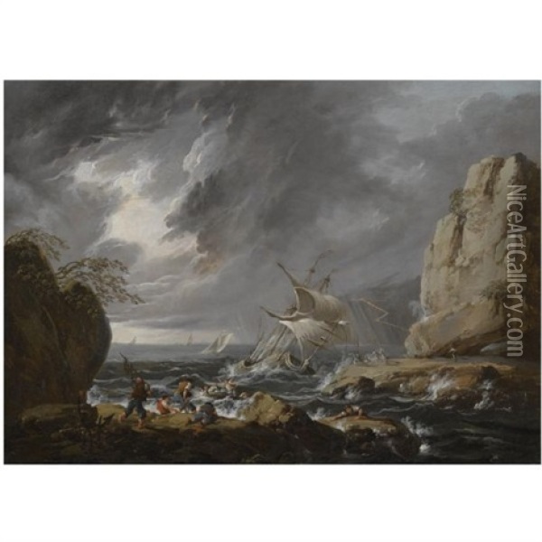A Stormy Coastal Landscape With A Ship Running Aground Oil Painting - Jean Baptiste Pillement