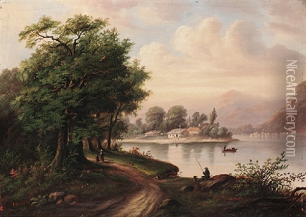 Flusslandschaft Mit Gebirgigem Hintergrund Oil Painting - Fritz Reiss