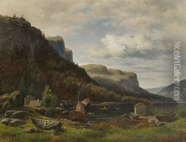 Fjordlandskap Med Folkeliv Oil Painting - Harald Oscar Andersen