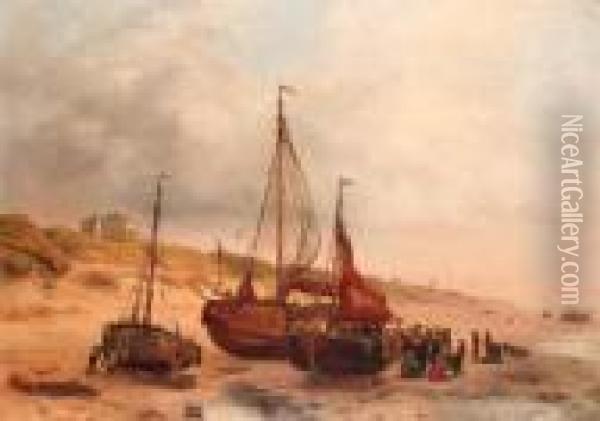 Numerous Fisherfolk And A Fishing Fleet Near Paviljoen Von Wied,scheveningen In The Distance Oil Painting - Willem Troost