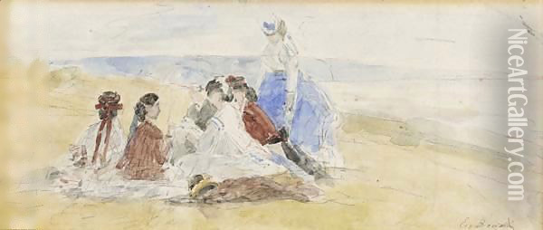 Femmes Assises Sur La Falaise Oil Painting - Eugene Boudin