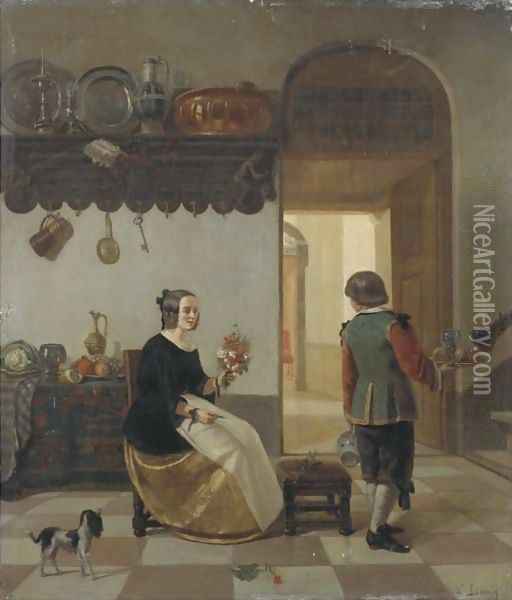 Cutting flowers in the kitchen Oil Painting - Willem Linnig