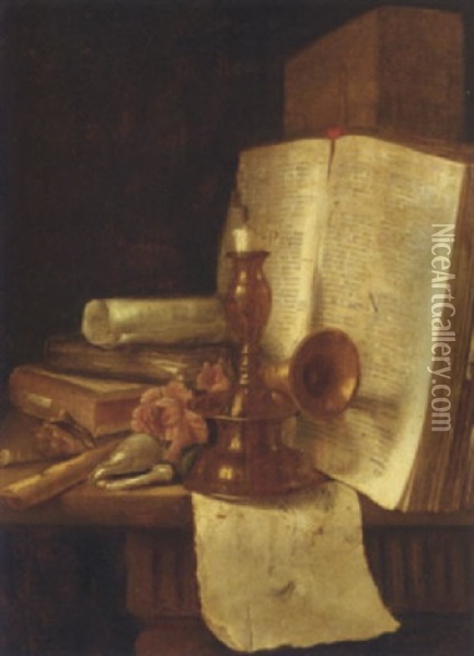 A Brass Candlestick, Books, Roses And Shells On A Table Oil Painting - Edward Collier