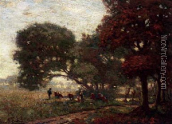 Farmhands With Their Cattle On An Autumnal Evening Oil Painting - Arnold Marc Gorter