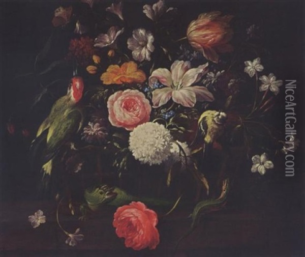 A Still Life With A Rose, And Other Flowers, With A Butterfly, A Woodpecker, A Green Tit And Two Green Lizards Oil Painting - Philips van Kouwenberg