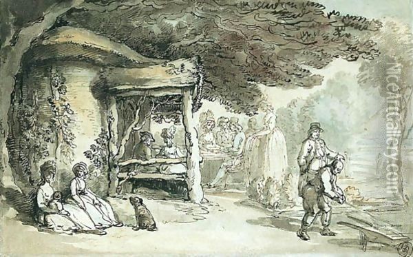 Elegant Compamy Seated In A Rustic Arbour Oil Painting - Thomas Rowlandson