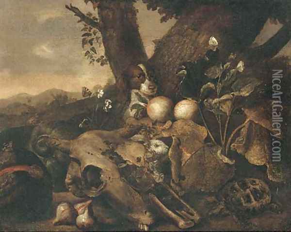 A wooded landscape with a dog, a tortoise, a skull, a rabbit, figs and other fruit in a clearing Oil Painting - Jan Fyt