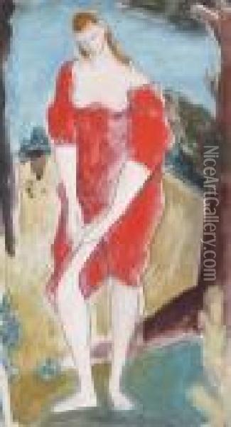 Semi-clad Woman In A Red Dress Oil Painting - Bernard Meninsky