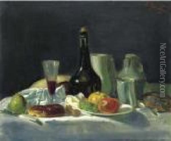 Still Life With Bottles And Fruit Oil Painting - George Leslie Hunter