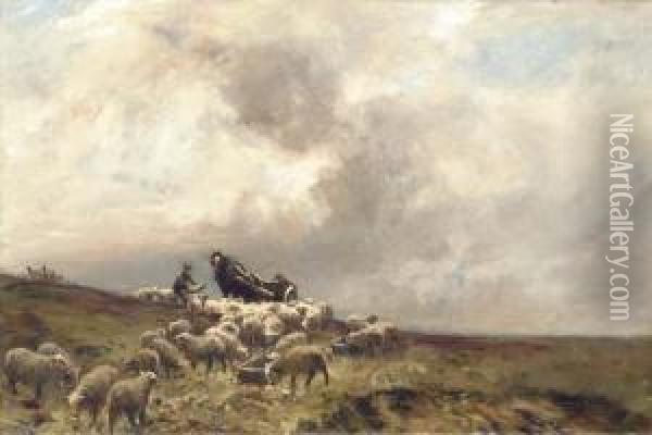 A Shepherd And His Sheep In A Moorland Landscape Oil Painting - William Bradley Lamond