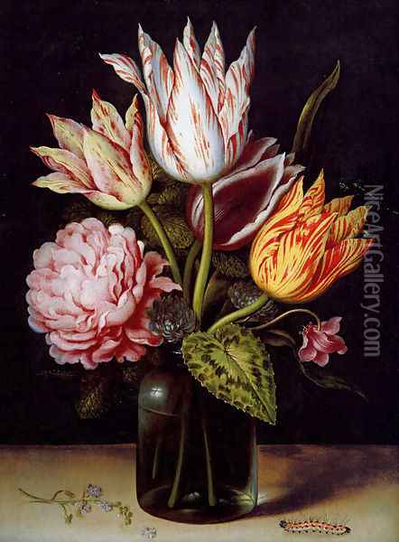 A Still Life With A Bouquet Of Tulips, A Rose, Clover And A Cylclamen In A Green Glass Bottle Oil Painting - Ambrosius the Elder Bosschaert