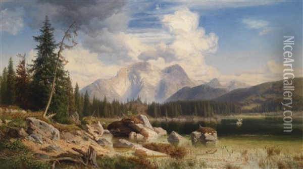 Alpensee Mit Gebirgspanorama Oil Painting - Robert Russ