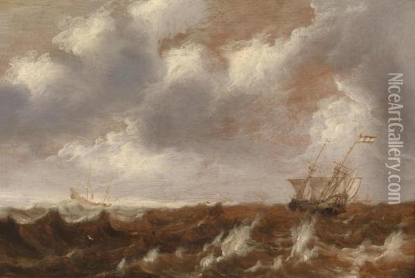Dutch Vessels In A Choppy Sea Oil Painting - Pieter Van Der Croos