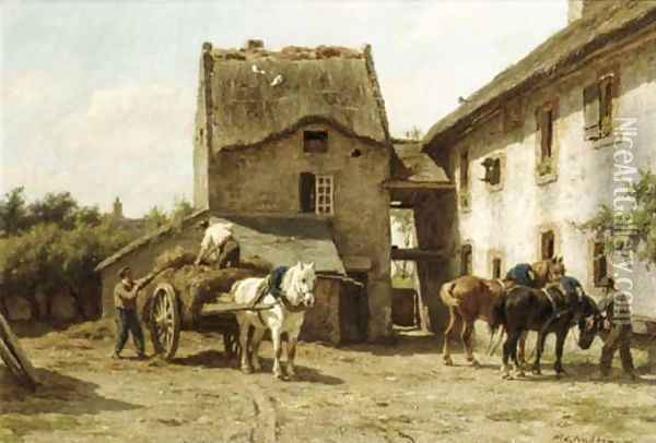 In Ryes horses in a sunny farmyard Oil Painting - Willem Carel Nakken