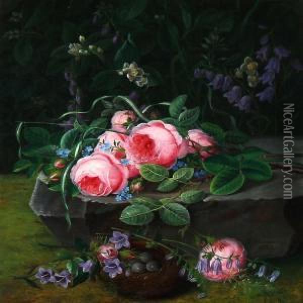 A Bunch Of Pink Roses And Forget-me-nots On A Stone In Theforest Floor Oil Painting - Christine Normann