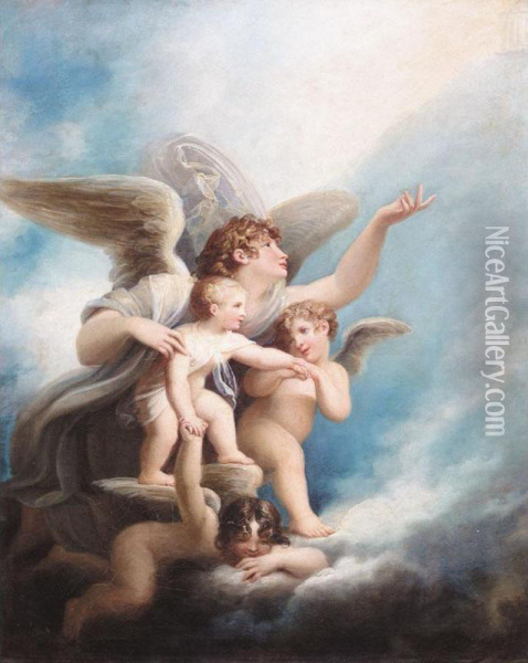 An Angel And Putti Accompanying A Child's Soul To Heaven Oil Painting - Maria Cosway