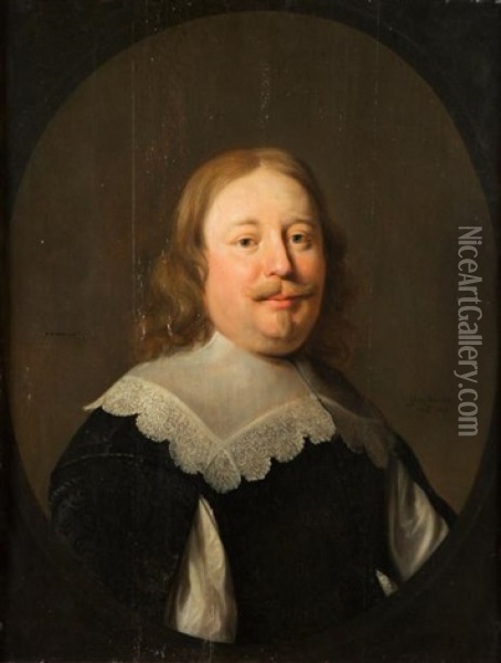 Portrait D'homme En Buste Aux Yeux Gris Bleus Dans Un Ovale Feint Oil Painting - Hendrick Bloemaert