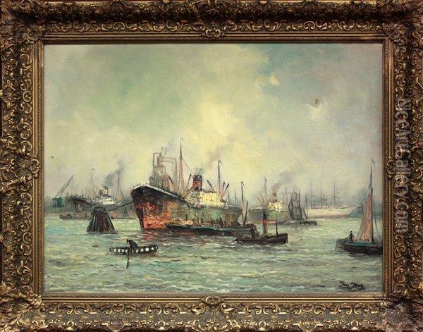 Dutch Harbor Scene Oil Painting - Jan De Jong