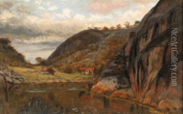 Landskap Med Vaningshuset Borgen, Holskogkilen Oil Painting - Olaf Isaachsen