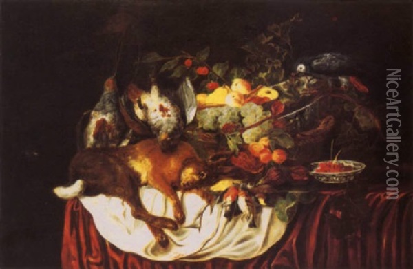 A Basket Of Fruit And A Blue Parakeet With Dead Partridges, A Hare And Songbirds On A Table With Cherries In A Bowl Oil Painting - Jan Fyt