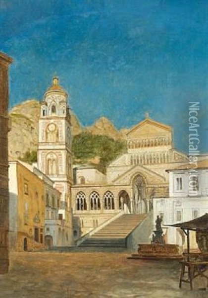 View Of Duomo Di Sant'andrea (the Cathedral Of St. Andrew) Seen From Piazza Del Duomo, Amalfi Oil Painting - Peter Kornbeck