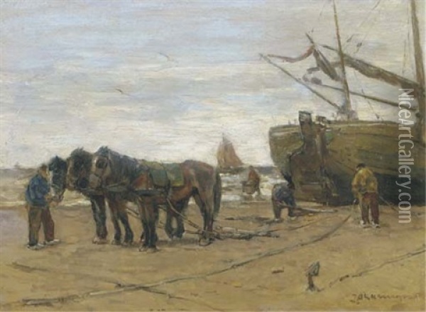Towhorses On The Beach Oil Painting - Johannes Evert Hendrik Akkeringa