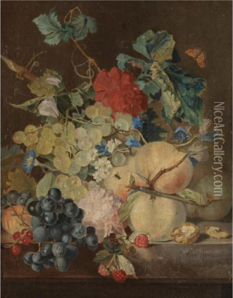 A Still Life With Peaches, 
Grapes, Raspberries Together With Various Flowers On A Stone Ledge Oil Painting - Jan van Os