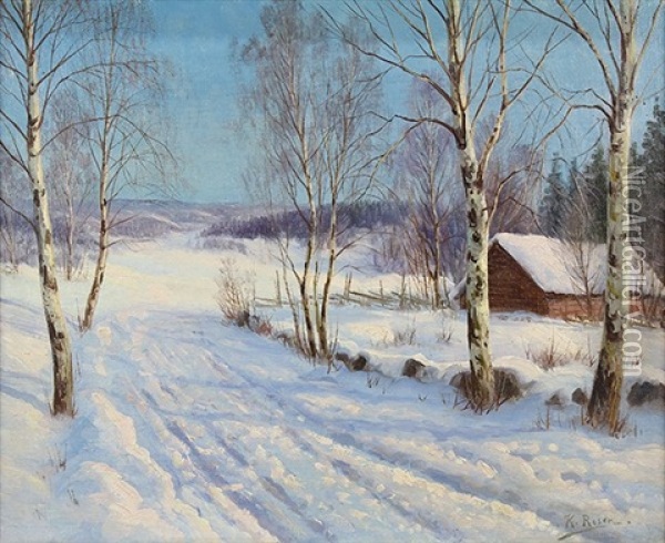 Winter Snowfall Scene With Cabin Oil Painting - Karl Rosen
