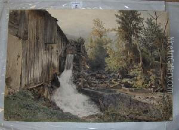 Watermill In A Wooded Landscape, Signed Anddated 1895 Oil Painting - Eduard Peithner Von Lichtenfels