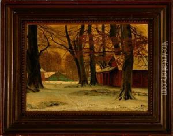 A Danish Forest Winter Scenery Oil Painting - Emil Winnerwald