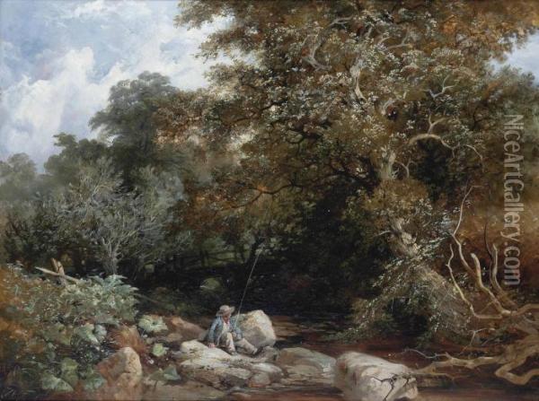 An Angler Beside A Wooded Stream Oil Painting - William James Muller