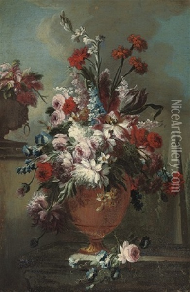 Roses, Carnations, Marigolds, Narcissi, Chrysanthemums And Other Flowers, In An Urn On A Ledge Oil Painting - Gasparo Lopez