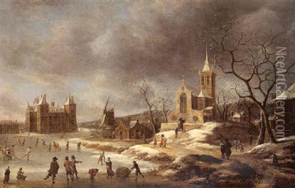 A Capriccio Winter View Of The Castle At Buren Oil Painting - Jan Abrahamsz. Beerstraten