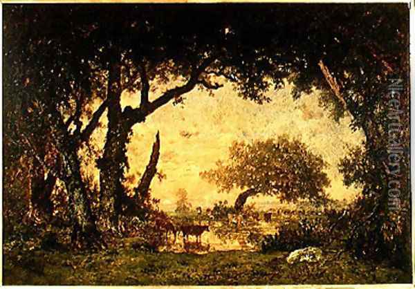 The Edge of the Forest at Fontainebleau, Setting Sun, 1850-51 Oil Painting - Theodore Rousseau