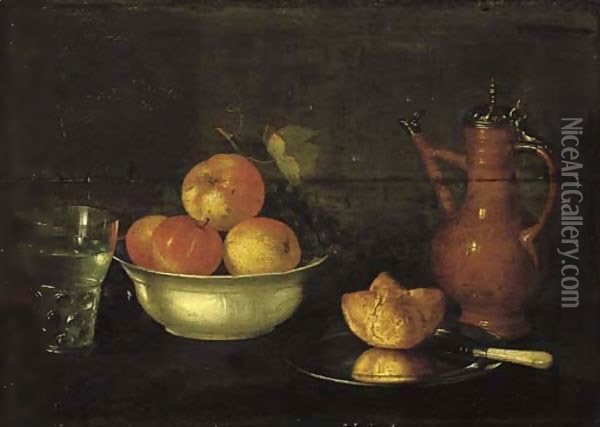 Apples and grapes in a porcelain bowl, a bread roll on a pewter plate, a glass of water and a jug on a wooden ledge. Oil Painting - Cornelis Jacobsz Delff