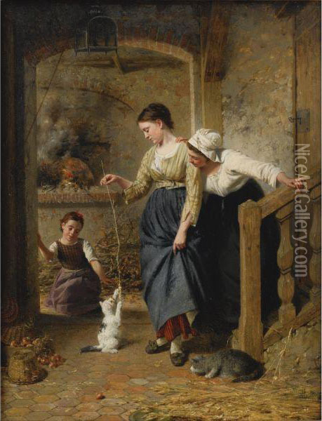 Playing With Kittens Oil Painting - Edouard Castres
