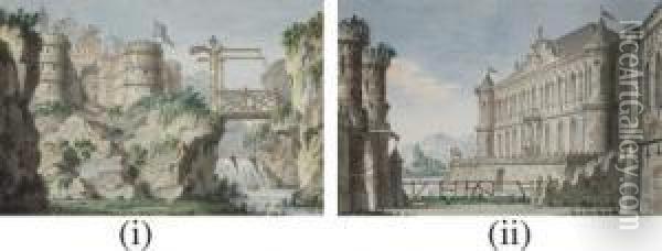 Two Stage Designs: A Fortress On A Mountain, And Lothar Castle Oil Painting - Lorenzo I Quaglio