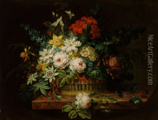 Ein Blumenstraus Von Rosen Und Anderen Bluten In Einem Korb Oil Painting - Johann Martin Metz