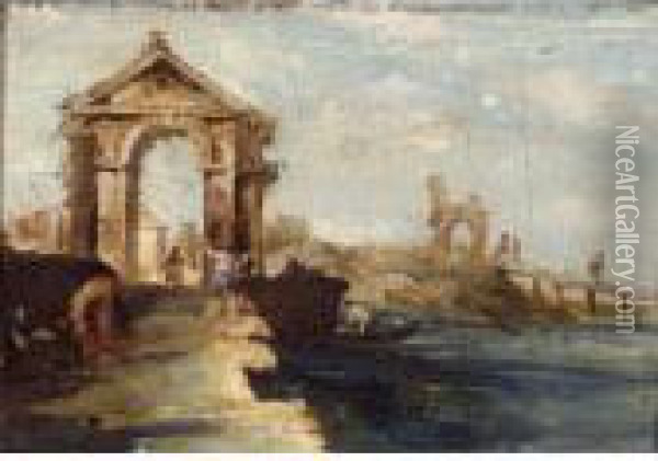Capriccio With Figures Crossing A Bridge Oil Painting - Francesco Guardi