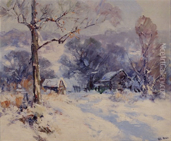 Cabins In Winter Landscape Oil Painting - Will Vawter