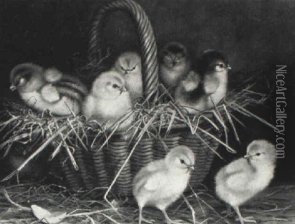 Chicks In A Handled Basket Oil Painting - Ben Austrian