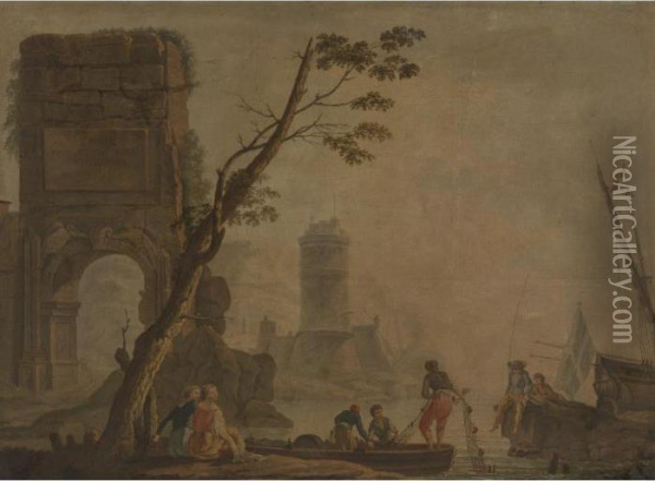 View Of A Port With Fishermen And Lighthouse Oil Painting - Claude-joseph Vernet