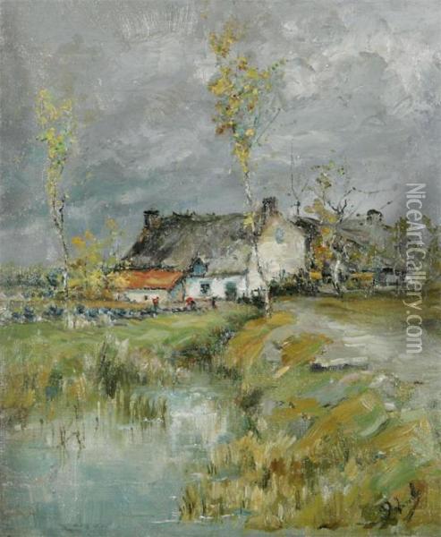 Landscape With Farmhouse Near The Water Oil Painting - Louis Adolphe E. Jacobs