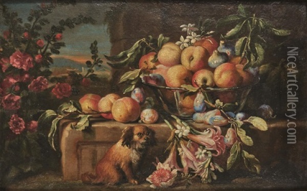 Nature Morte Aux Fleurs, Fruits Et Chien Oil Painting - Gaetano Cusati