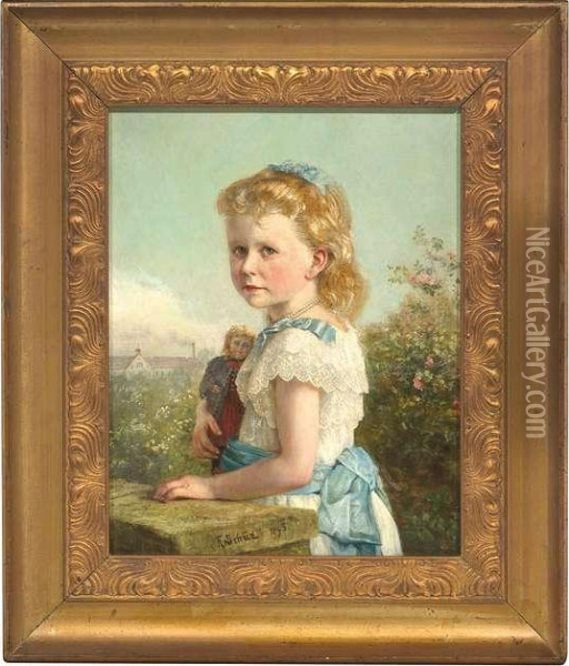 Portrait Of Elisabeth Faber As A Child. In The Background Her Father's Factory Oil Painting - Theodor Christoph Schuz