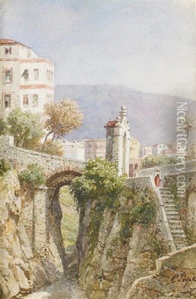 Alte Bogenbrucke In Einem Italienischen Stadtchen Oil Painting - Eduard Friedrich Pape