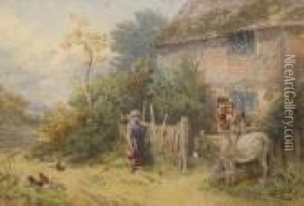 Figures And Donkey Before A Cottage Oil Painting - Myles Birket Foster
