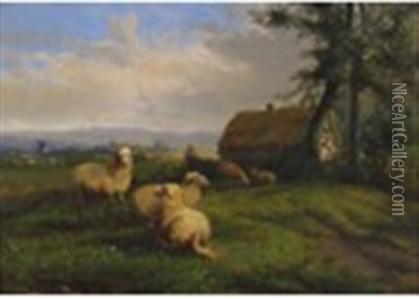 Sheep Grazing In A Summer Pasture Oil Painting - Johan Lodewijk Van Leemputten