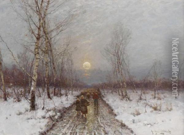 Heimkehrende Bauern In Abendlicher Winterlandschaft Oil Painting - Johann Jungblutt
