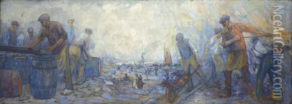 Steel Workers Near A Harbour Oil Painting - Herman Heijenbrock
